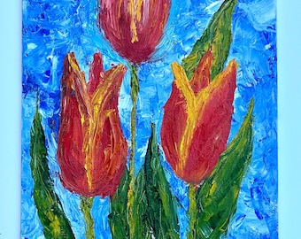 Dipinto a olio su tela con tulipani rossi testurizzati, arte floreale in impasto (12x8 pollici)