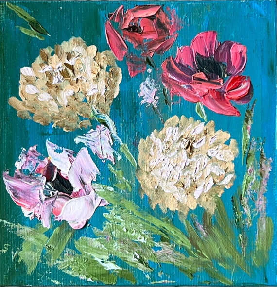 抽象的な花の油絵、オリジナルの秋の花のアート（6x6インチ） - Etsy 日本