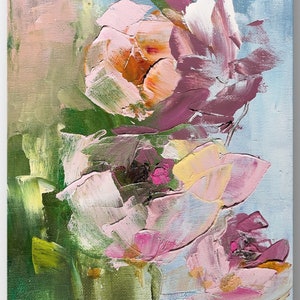 Original Handmade Oil Painting, Two Spring Roses in Bloom on Canvas 8 x 10 Home Decor
