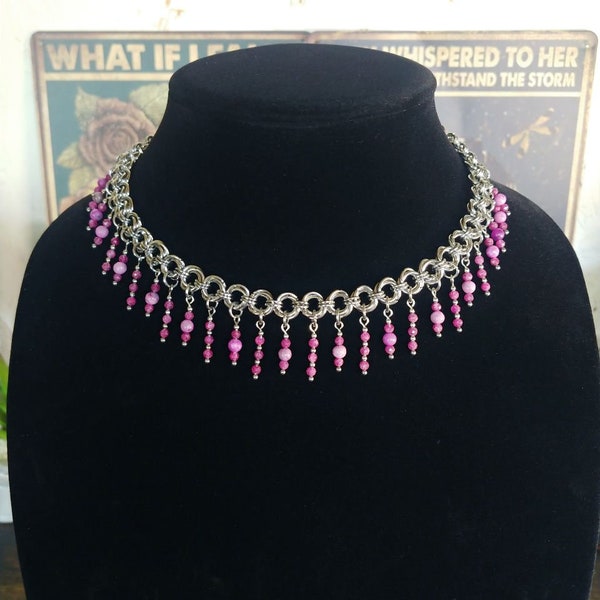 Rose Weave Chainmail Choker with Sugilite Fringe
