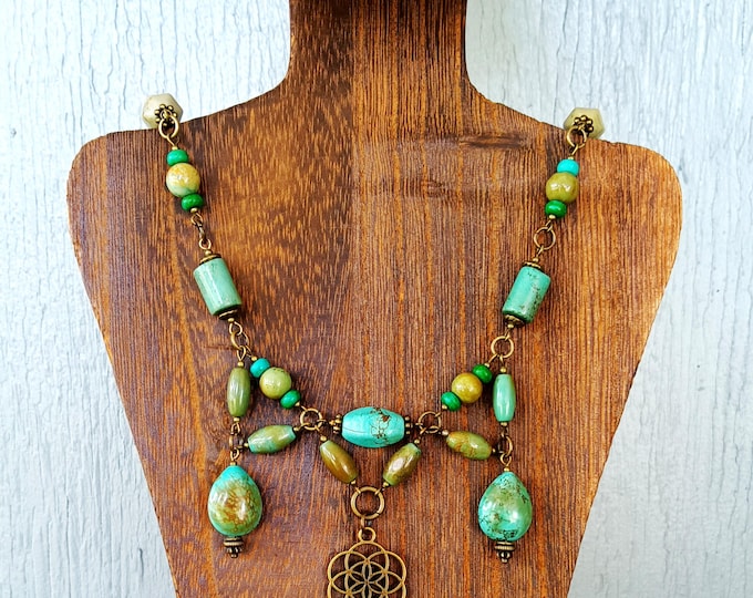 Featured listing image: Indian Magnesite and Bronze Necklace with Flower of Life Charm
