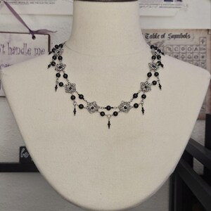 Stainless Steel Byzantine Chainmail & Black Agate Necklace – 20” Handcrafted Multi-Rosette Statement Collar – The Midnight Filigree