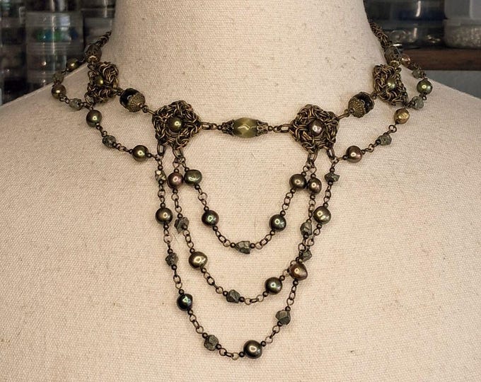 Featured listing image: Antique Bronze Byzantine Chainmaille Choker with Cultured Pearl – Handmade Statement Collar Necklace, Gift for Her | The Sovereign Treasury
