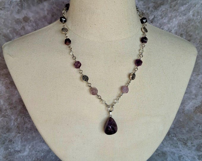 Featured listing image: Amethyst Teardrop Necklace | Stainless Steel Crystal Necklace | Adjustable Double Lobster Clasp | Intuition & Calm | Handmade Statement Jewe