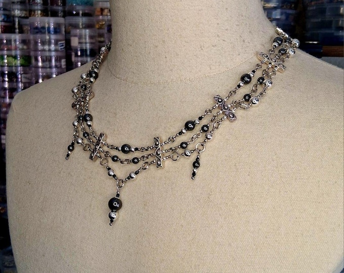 Featured listing image: Convertible Stainless Steel and Hematite Choker Necklace, Adjustable Layered Bib 14"-17.5", Handmade | The Shift Matrix