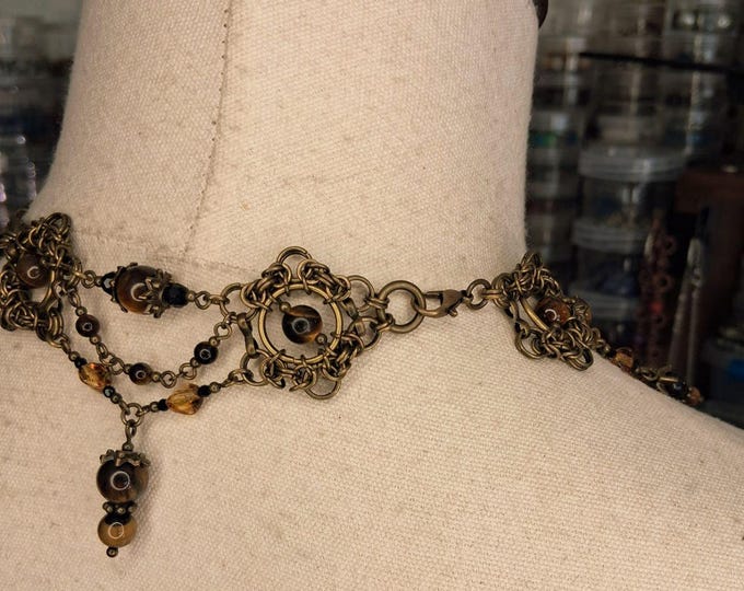 Featured listing image: Antique Bronze Byzantine Chainmaille Choker with Tiger's Eye – Handmade Statement Collar, Protection Jewelry Gift | The Guardian's Horizon