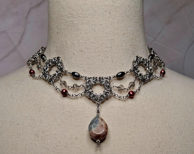 Featured listing image: The Blooming Shadow | Flower Agate and Pearl Byzantine Choker