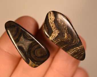 May include: Two polished, teardrop-shaped stones featuring a dark brown and black base with swirling, light tan, and cream-colored patterns. The stones have a smooth, glossy finish and exhibit organic, flowing lines across their surfaces.