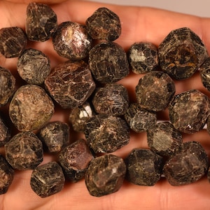 May include: A collection of small, raw garnet gemstones with a dark reddish-brown hue. Each stone features a natural, multi-faceted crystalline structure with an opaque, earthy texture and irregular geometric shapes, showcasing deep, muted tones.