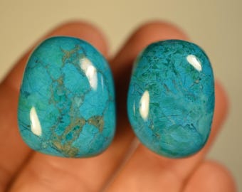 Könnte beinhalten: Zwei polierte, oval geformte Edelsteine. Die Steine haben eine leuchtende türkise Farbe mit komplizierten Mustern aus braunen und dunkelblauen Adern. Die Oberflächen haben einen glänzenden Glanz, der das Licht reflektiert. Die Edelsteine werden in einer Hand gehalten.