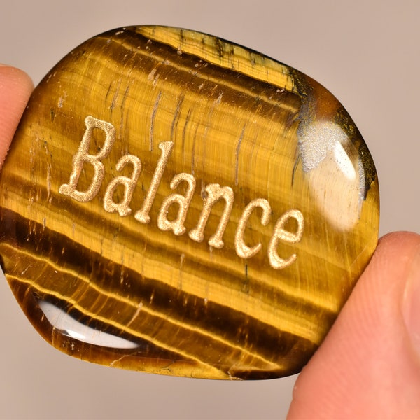 TIGERS EYE Word Stone 4.2cm 21.7g BALANCE Palm Flat Engraved Genuine Stone Healing Crystal