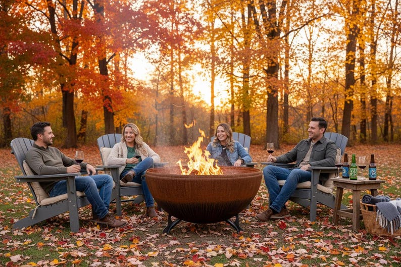 May include: A large, round, rust-colored metal fire pit with a textured exterior and black metal legs, containing a bright, active flame. The fire pit is positioned outdoors in a wooded area covered in fallen autumn leaves during the golden hour.