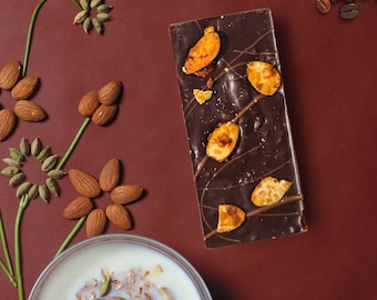 May include: A dark chocolate bar with almonds and caramel pieces on a brown background with a bowl of milk and almonds, cardamom pods, and other spices.