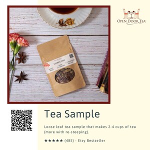 May include: A brown paper pouch with a clear window showing loose leaf tea inside. The pouch is labeled "Licorice Chai" and has instructions for steeping the tea. The pouch is sitting on a wooden surface with a teacup and saucer in the background. The text "OPEN DOOR TEA" is visible in the upper right corner of the image. The image also includes a QR code and the text "Tea Sample" and "Loose leaf tea sample that makes 2-4 cups of tea (more with re-steeping). ★★★★★ (485) Etsy Bestseller".