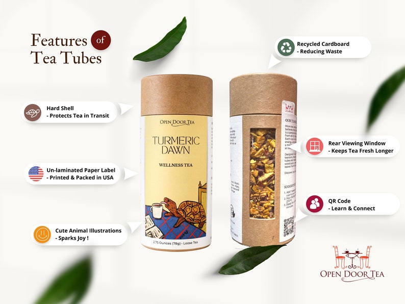 May include: Two brown cardboard tea tubes with a clear window showing the tea inside. The tube on the left has a label that says "OPEN DOOR TEA TURMERIC DAWN WELLNESS TEA". The tube on the right has a label that says "OPEN DOOR TEA".