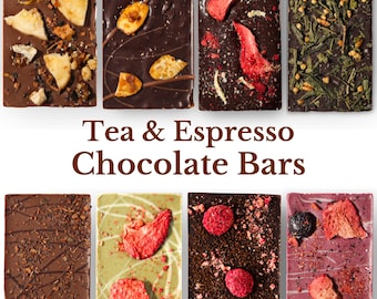 Tea Chocolate Bars | White, Dark, Milk Chocolate with Tea, Coffee, Nuts, and Fruits