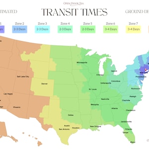 May include: A map of the United States showing estimated delivery times for ground shipping. The map is color-coded by zone, with Zone 1 being the fastest and Zone 8 being the slowest. The map shows that the fastest delivery times are in the Northeast, while the slowest delivery times are in the West.