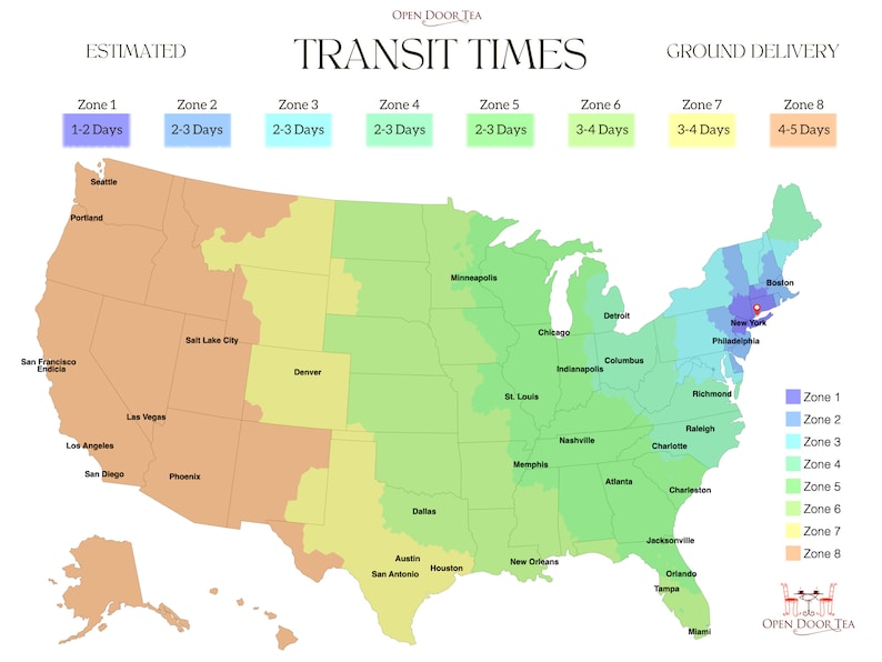 May include: A map of the United States showing estimated delivery times for ground shipping. The map is color-coded by zone, with Zone 1 being the fastest and Zone 8 being the slowest. The map shows that the fastest delivery times are in the Northeast, while the slowest delivery times are in the West.