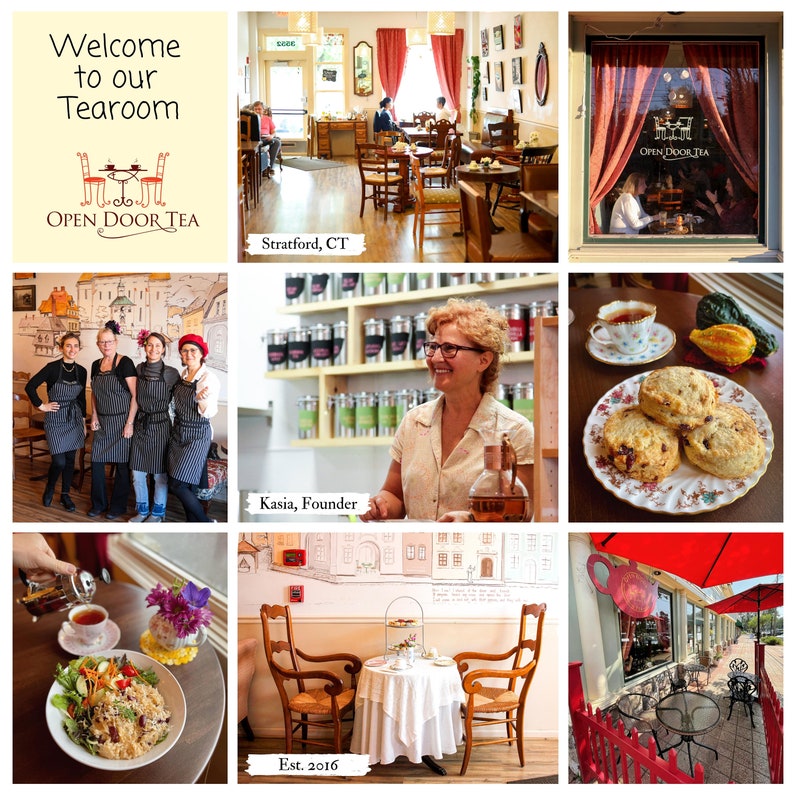 May include: A collage of images showcasing a tea room called "Open Door Tea" in Stratford, CT. The collage includes images of the tea room's interior, exterior, staff, and tea selection. The text "Welcome to our Tearoom" and "Open Door Tea" is visible in the image.