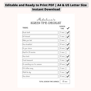 EDITABLE Screen Time Checklist - Minimalist | Screen Time Tracker | Editable Chore Chart | Incentive Chore Chart |Chore Chart for Kids Teens