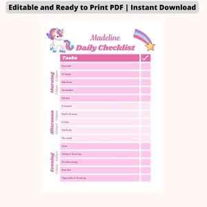 EDITABLE Kids Daily Checklist - Unicorn | Kids Routine Checklist | Girls Daily Checklist | Printable and Editable Instant Download