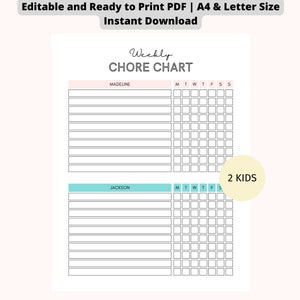 EDITABLE Multiple Kids Weekly Chore Chart | 2 Kids Chore Chart | Daily Chore Chart | Family Chore Chart | Printable Instant Download