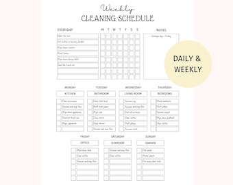 May include: A printable weekly cleaning schedule in PDF format. The black and white design includes sections for everyday tasks, plus daily and weekly tasks for the kitchen, bathroom, living room, bedrooms, office, sunroom, and garden. Includes the text "Editable and Ready to Print PDF | A4 & Letter Size Instant Download".