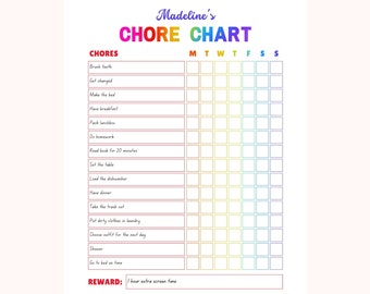 May include: A printable chore chart for kids, featuring a rainbow gradient design. The chart includes spaces for daily tasks like brushing teeth and making the bed, with a reward section. Text at the top reads "Editable and Ready to Print PDF | A4 & Letter Size Instant Download."