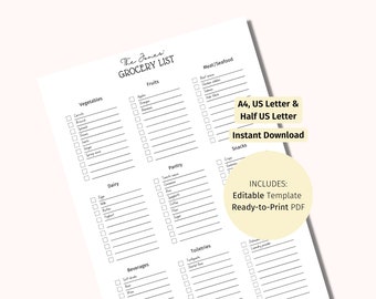 Minimalistische boodschappenlijst afdrukbaar - bewerkbare sjabloon (digitale download)