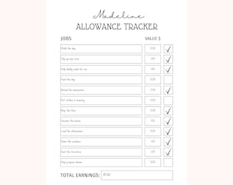 May include: A printable allowance tracker titled "Madeline Allowance Tracker" with a list of chores and values. The top of the page reads "Editable and Ready to Print PDF | Instant Download". The tracker includes checkboxes to mark completed tasks.