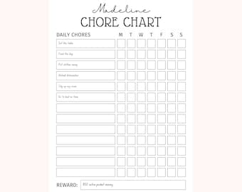 May include: A black and white printable chore chart for Madeline. The chart includes a list of daily chores and a grid for tracking completion. The reward for completing the chores is $50 extra pocket money.