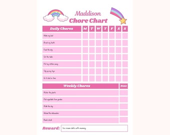 Può includere: Un grafico delle faccende rosa e bianco intitolato "Maddison Chore Chart" con sezioni di faccende giornaliere e settimanali. Include un arcobaleno e una stella cadente. La sezione ricompensa dice "Ice cream date with mummy".
