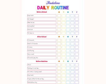 May include: A printable daily routine chart for kids with a rainbow color scheme. The chart is divided into three sections: Before School, After School, and Before Bedtime. Each section has a list of activities with checkboxes for each day of the week.