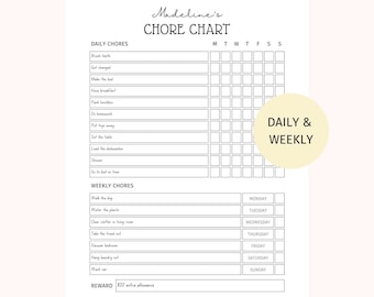 May include: A black and white printable chore chart for kids with the title "Madeline's Chore Chart". The chart includes daily and weekly chores with a section for a reward of $20 extra allowance.