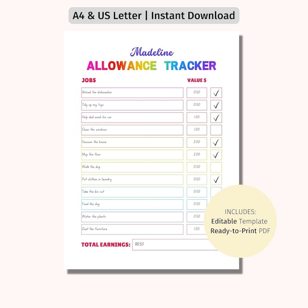 EDITABLE Allowance Chore Chart - Rainbow | Allowance Tracker | Editable Chore Chart | Incentive Chore Chart | Chore Chart for Kids Teens