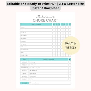 EDITABLE Daily & Weekly Chore Chart for Teens | Kids Chore Chart | Simple Teens Reward Chore Chart | Printable and Editable Instant Download