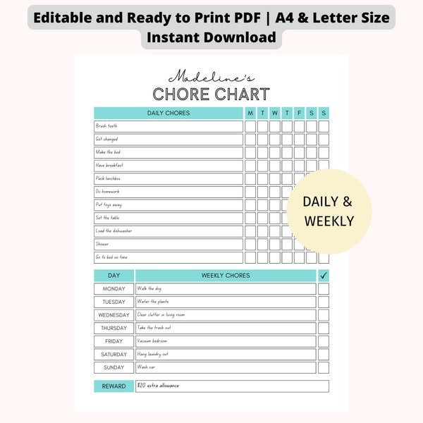 EDITABLE Daily & Weekly Chore Chart for Teens | Kids Chore Chart | Simple Teens Reward Chore Chart | Printable and Editable Instant Download