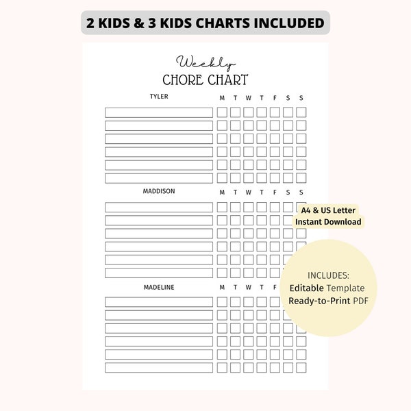EDITABLE Multiple Kids Weekly Chore Chart - Minimalist | 2 Kids and 3 Kids Chore Chart | Printable and Editable Instant Download