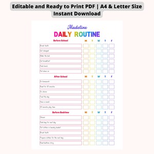 Rainbow Kids Daily Routine Checklist: Editable, Printable (Digital Download)