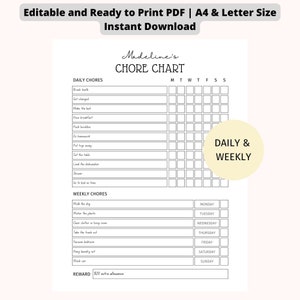 Editable Kids Chore Chart: Daily & Weekly Reward System (Printable PDF)