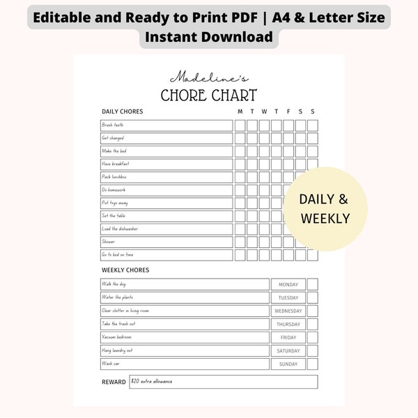 EDITABLE Daily & Weekly Chore Chart for Teens | Kids Chore Chart | Simple Teens Reward Chore Chart | Printable and Editable Instant Download