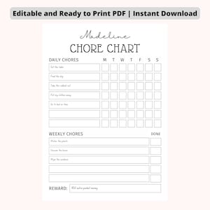 EDITABLE Daily & Weekly Chore Chart for Teens - Minimalist | Simple Teens Reward Chore Chart | Printable and Editable Instant Download