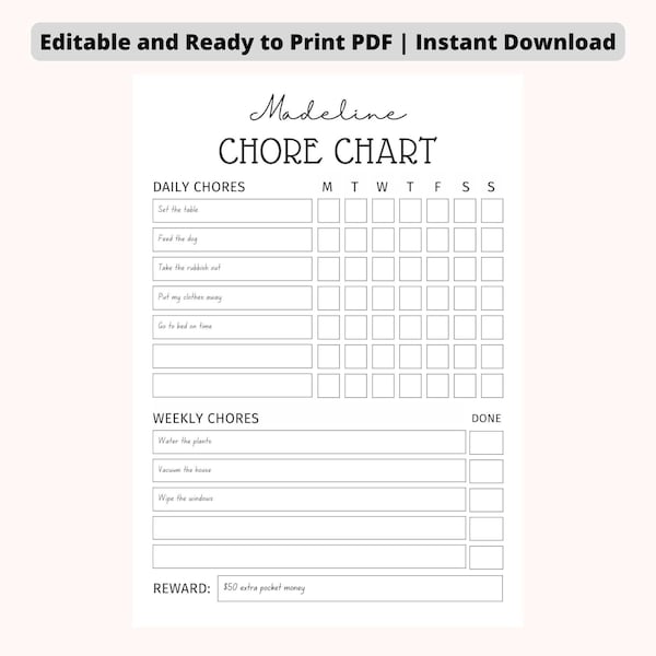 EDITABLE Daily & Weekly Chore Chart for Teens - Minimalist | Simple Teens Reward Chore Chart | Printable and Editable Instant Download