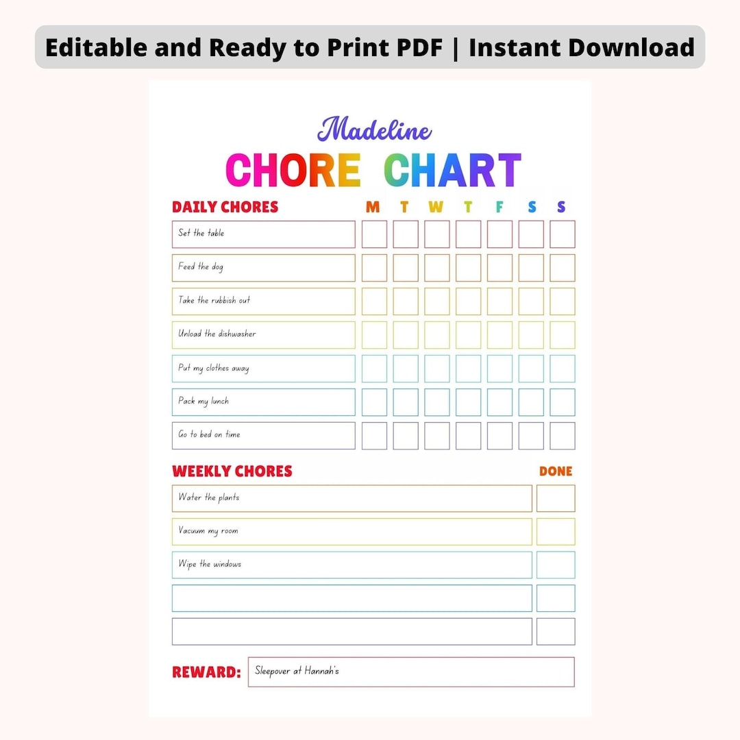 EDITABLE Daily & Weekly Chore Chart for Teens - Rainbow | Kids Reward ...