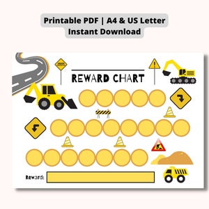 May include: A printable reward chart with a construction theme. The chart features a road, construction vehicles, traffic cones, and the text "REWARD CHART". The chart is designed for instant download and is available in A4 and US Letter sizes.
