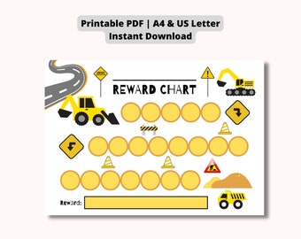 May include: A printable reward chart with a construction theme. The chart features a road, construction vehicles, traffic cones, and the text "REWARD CHART". The chart is designed for instant download and is available in A4 and US Letter sizes.