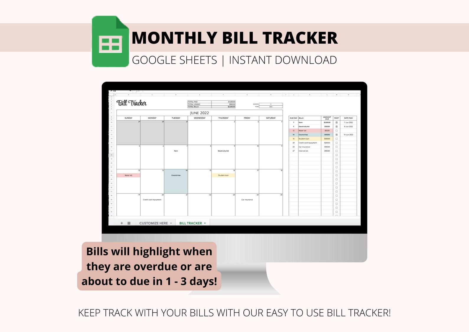 Monthly Bill Tracker Calendar | Google Sheets Spreadsheet (digital ...