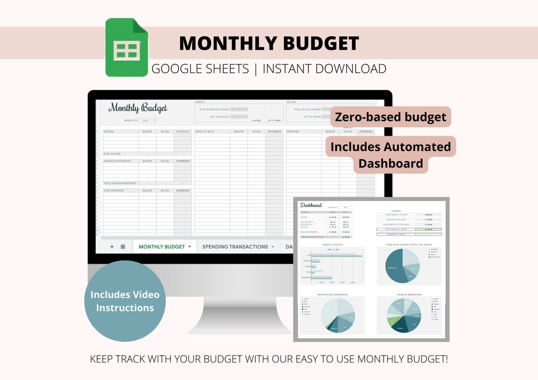 Monthly Budget Google Sheets | Automated Dashboard, Zero-based (digital ...