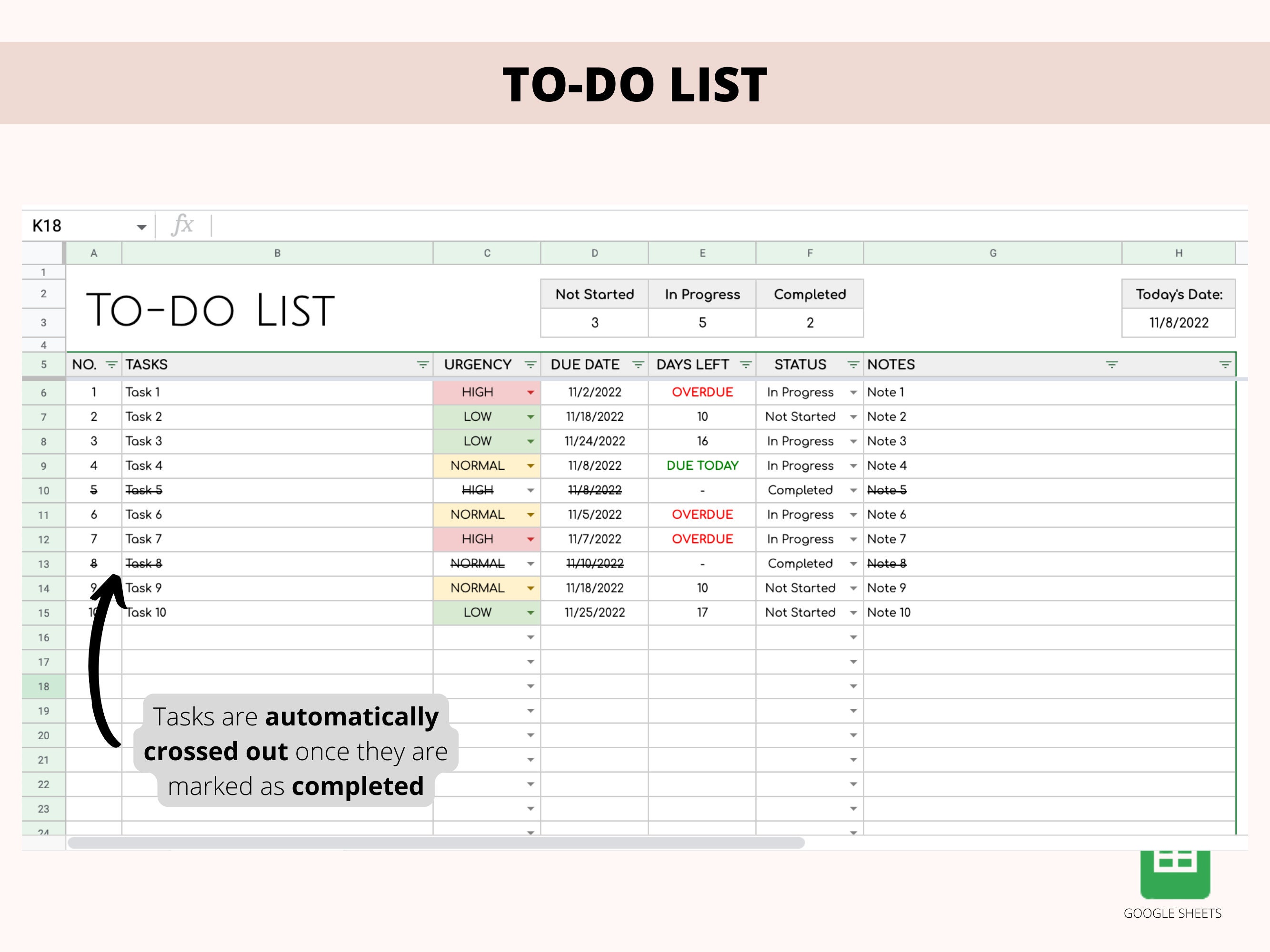 To Do List Google Sheets Task Planner Editable to Do List With Due Date ...