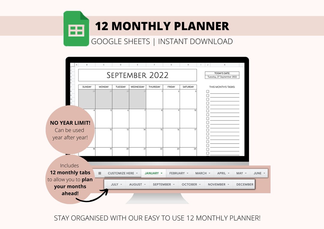 Automated 12-month Calendar Planner | Google Sheets Template (digital ...